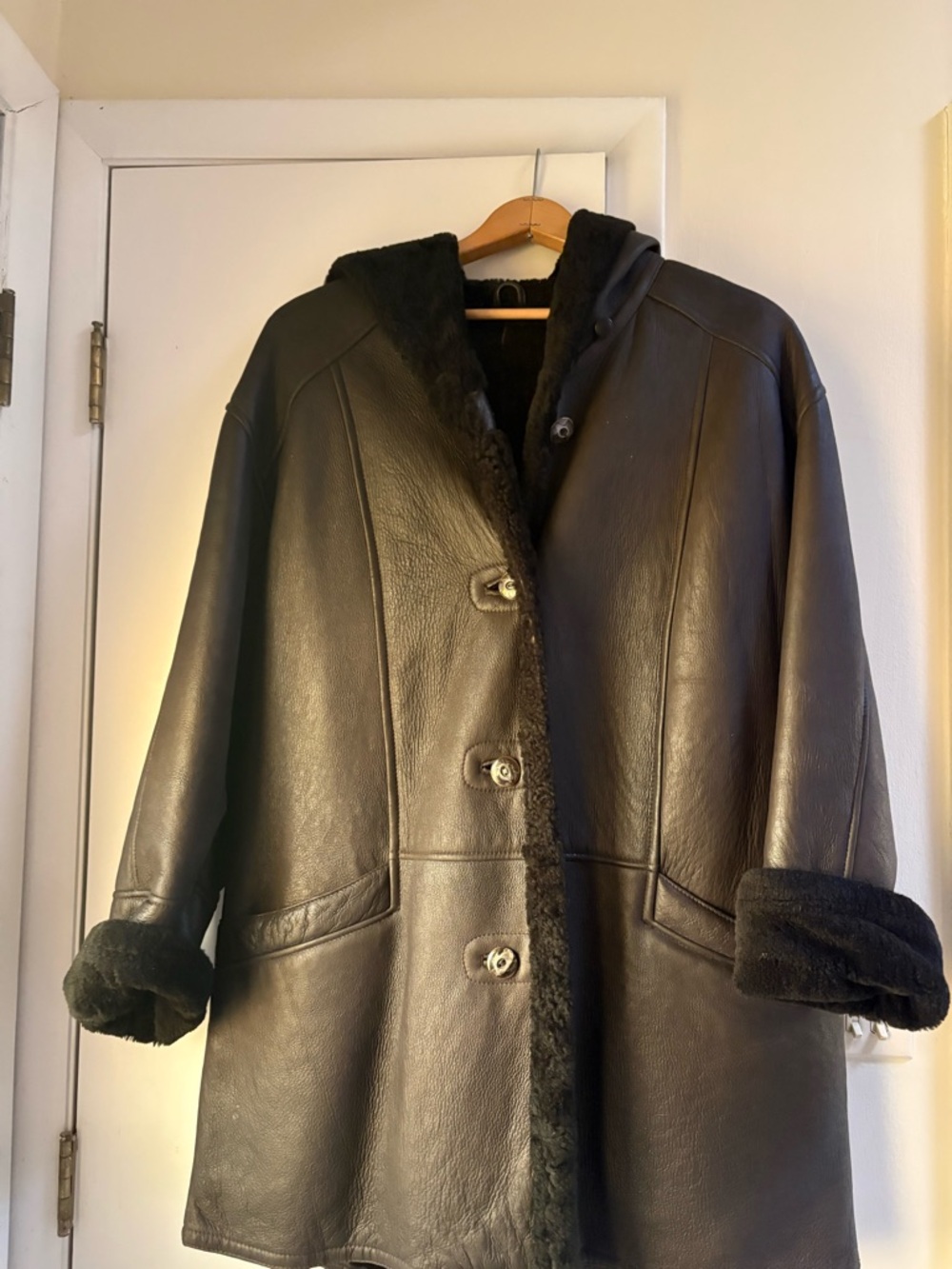 Black Shearling-Lined Leather Coat with Hood